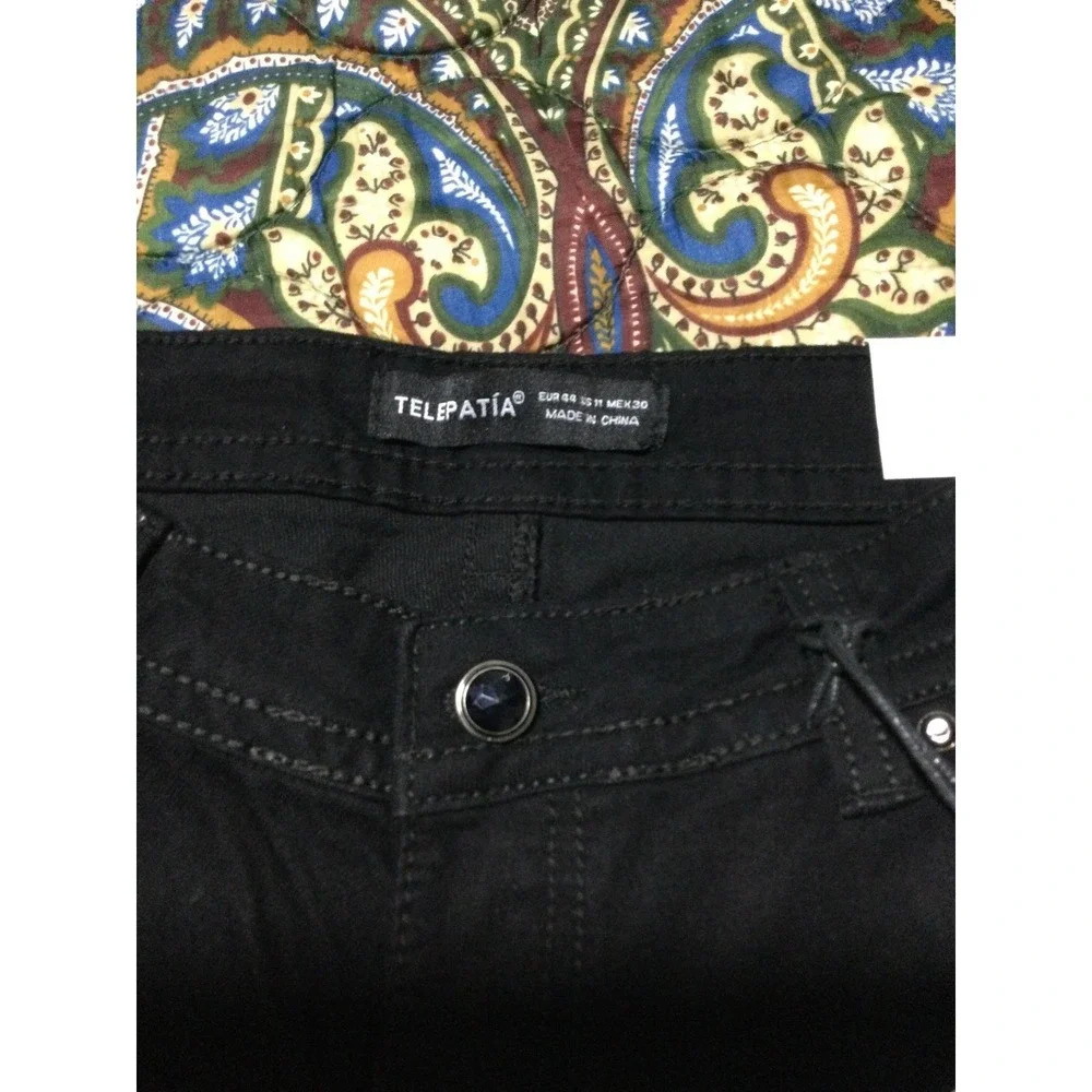 Telepatia Womens Low Rise Bootcut Jeans Black Fleur De Lis Sequin Size 11/30 NEW
